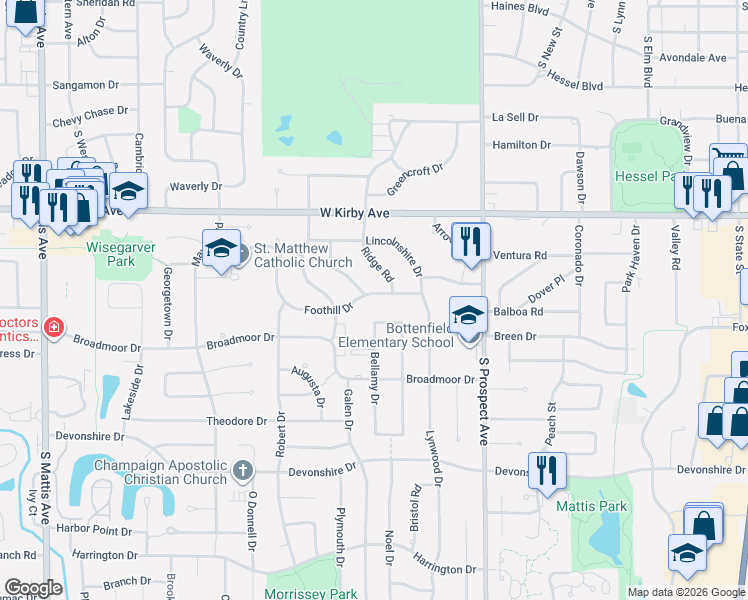 map of restaurants, bars, coffee shops, grocery stores, and more near 1111 Foothill Drive in Champaign