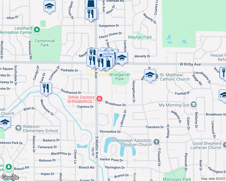 map of restaurants, bars, coffee shops, grocery stores, and more near 1610 Lakeside Drive in Champaign