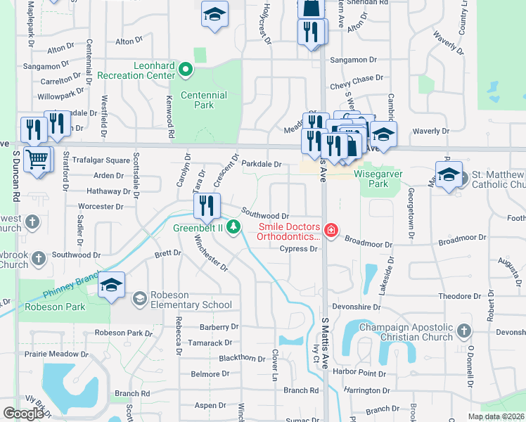 map of restaurants, bars, coffee shops, grocery stores, and more near 1802 Clover Lane in Champaign