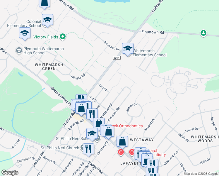 map of restaurants, bars, coffee shops, grocery stores, and more near 4062 Center Avenue in Lafayette Hill