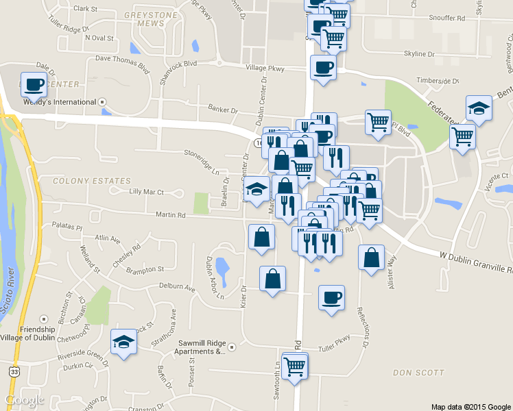 map of restaurants, bars, coffee shops, grocery stores, and more near 2900 Martin Rd in Dublin