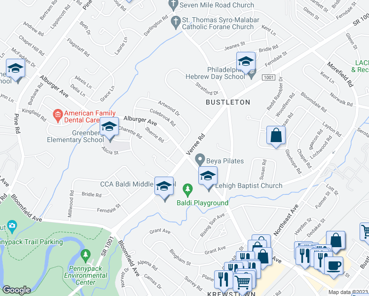 map of restaurants, bars, coffee shops, grocery stores, and more near 803 Alburger Avenue in Philadelphia