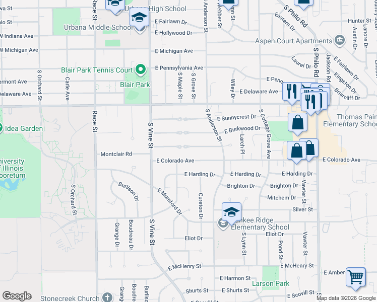 map of restaurants, bars, coffee shops, grocery stores, and more near 506 East Colorado Avenue in Urbana