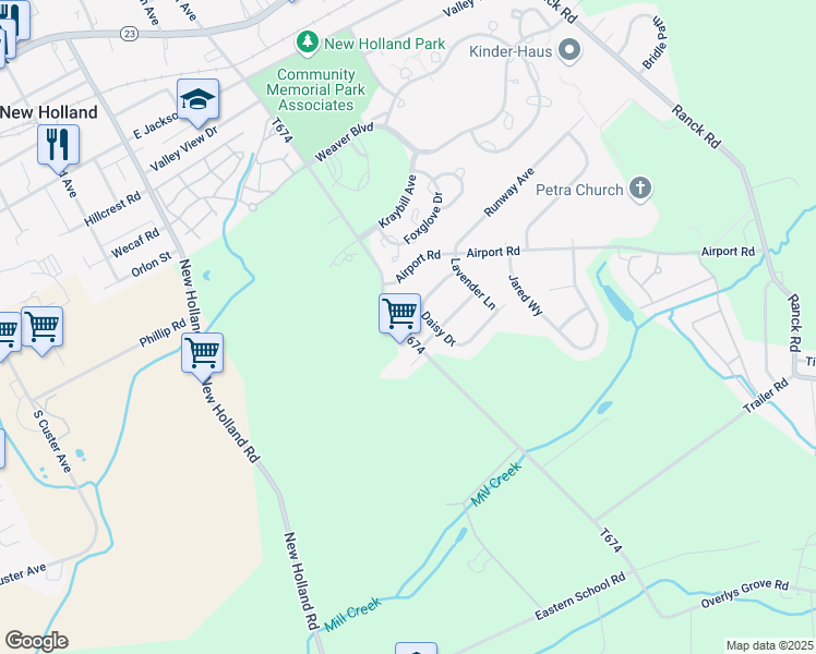 map of restaurants, bars, coffee shops, grocery stores, and more near 515 T674 in New Holland