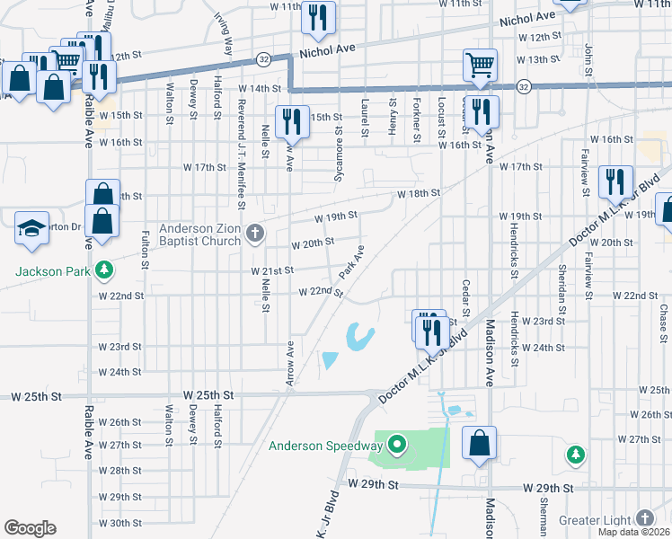 map of restaurants, bars, coffee shops, grocery stores, and more near 2135 Harris Avenue in Anderson