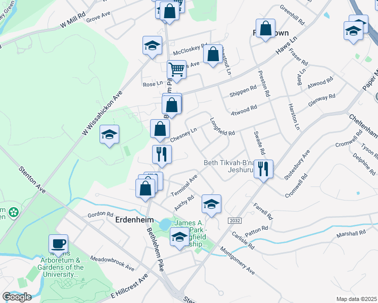 map of restaurants, bars, coffee shops, grocery stores, and more near 17 Glenn Circle in Glenside