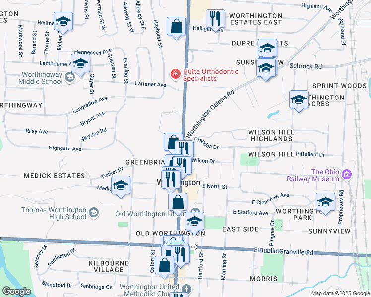 map of restaurants, bars, coffee shops, grocery stores, and more near 1012 High Street in Worthington