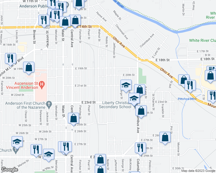 map of restaurants, bars, coffee shops, grocery stores, and more near 2102 Noble Street in Anderson
