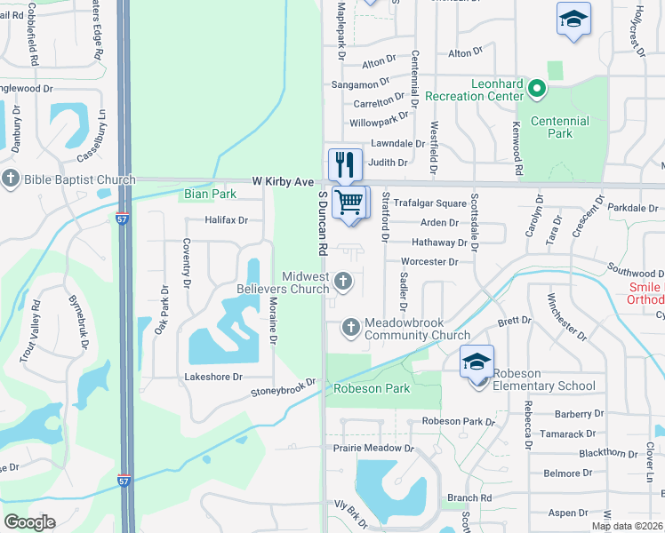 map of restaurants, bars, coffee shops, grocery stores, and more near 2917 Sierra Drive in Champaign