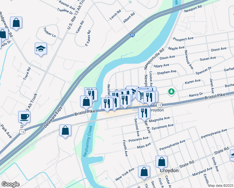 map of restaurants, bars, coffee shops, grocery stores, and more near 145 Clover Avenue in Croydon