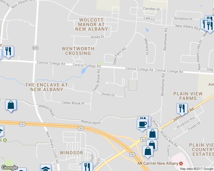 map of restaurants, bars, coffee shops, grocery stores, and more near 8219 Marwithe Court in New Albany
