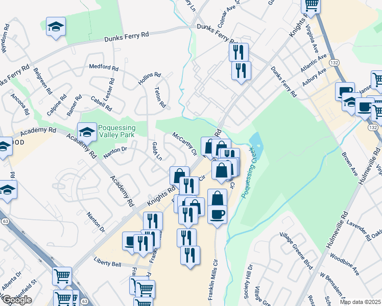 map of restaurants, bars, coffee shops, grocery stores, and more near 12859 McCarthy Circle in Philadelphia
