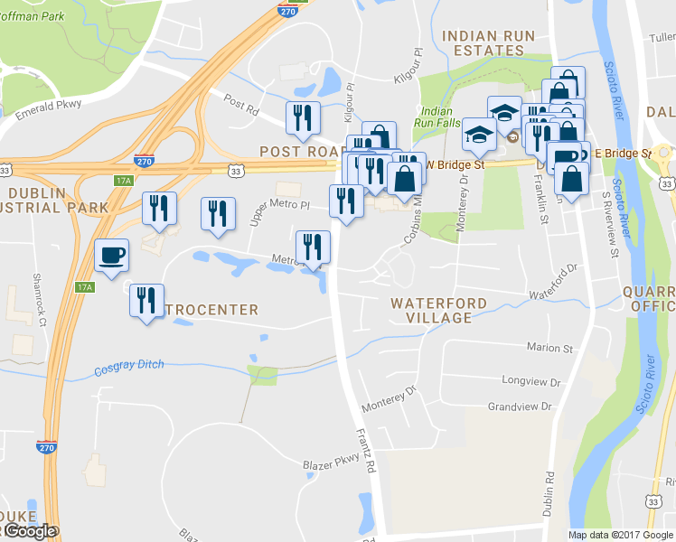 map of restaurants, bars, coffee shops, grocery stores, and more near 196 Corbins Mill Drive in Dublin
