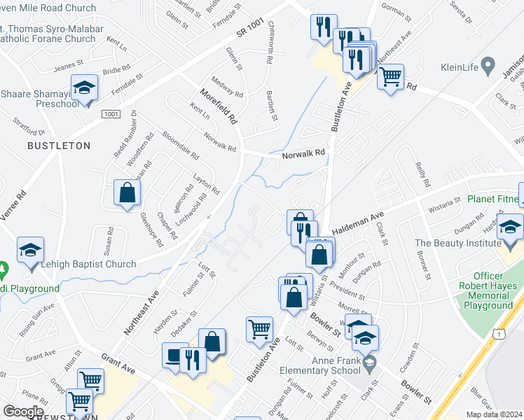 map of restaurants, bars, coffee shops, grocery stores, and more near 58 Country Lane Drive in Philadelphia
