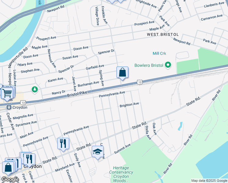 map of restaurants, bars, coffee shops, grocery stores, and more near 2114 Pennsylvania Avenue in Croydon