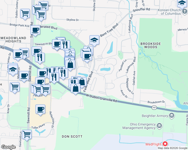 map of restaurants, bars, coffee shops, grocery stores, and more near 6840 Chateau Chase Drive in Columbus