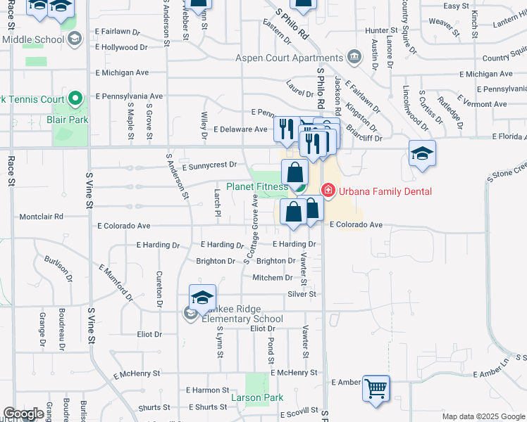 map of restaurants, bars, coffee shops, grocery stores, and more near 1806 South Cottage Grove Avenue in Urbana