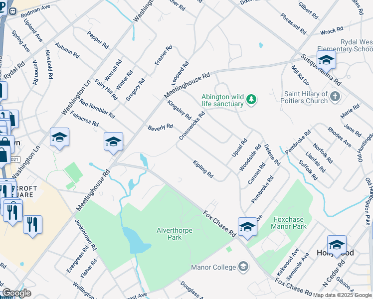map of restaurants, bars, coffee shops, grocery stores, and more near 1083 Kipling Rd in Jenkintown