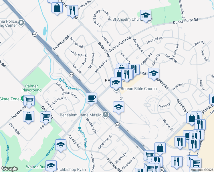 map of restaurants, bars, coffee shops, grocery stores, and more near 12135 Academy Road in Philadelphia