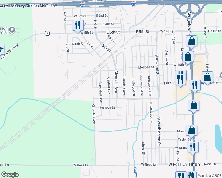map of restaurants, bars, coffee shops, grocery stores, and more near 801-899 Glendale Avenue in Tilton