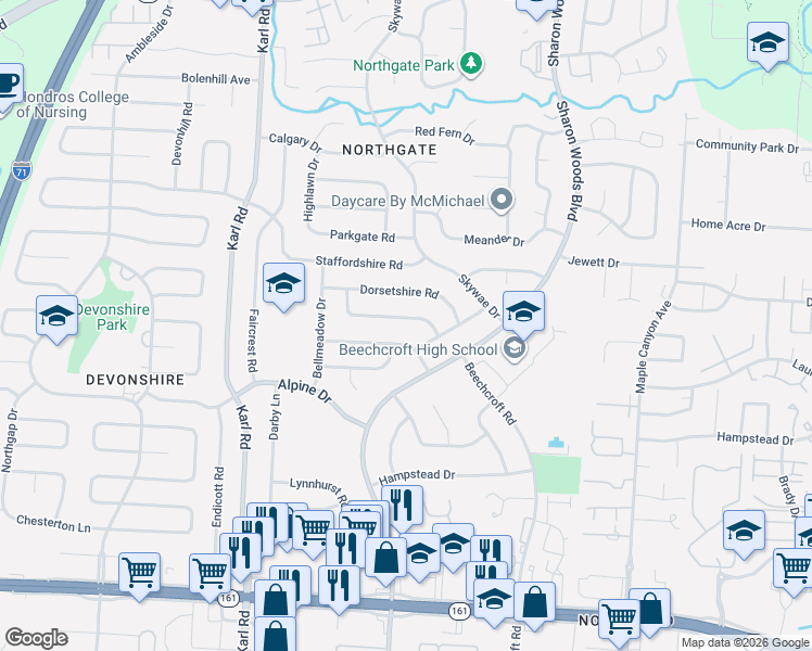 map of restaurants, bars, coffee shops, grocery stores, and more near 1798 Arbor Hill Drive in Columbus