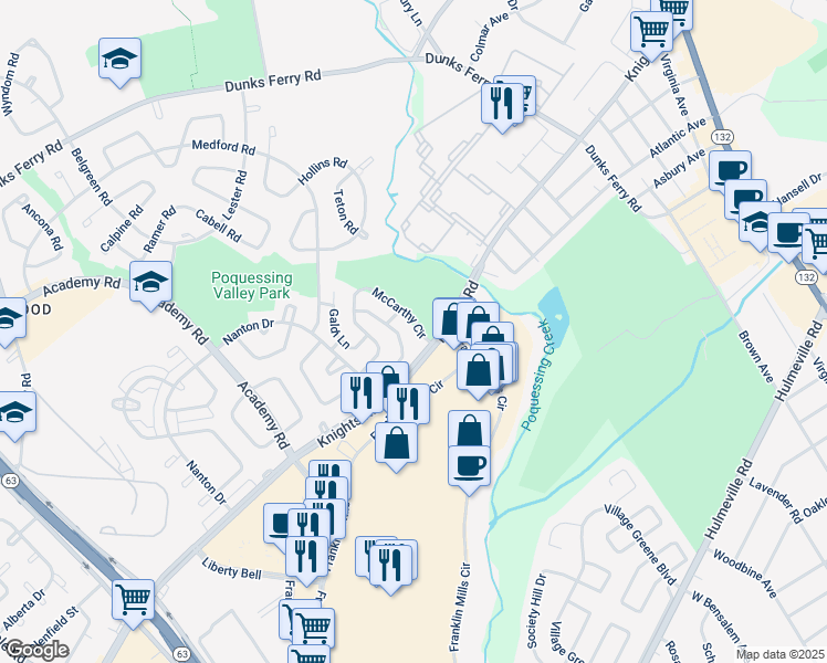 map of restaurants, bars, coffee shops, grocery stores, and more near 12859 McCarthy Circle in Philadelphia