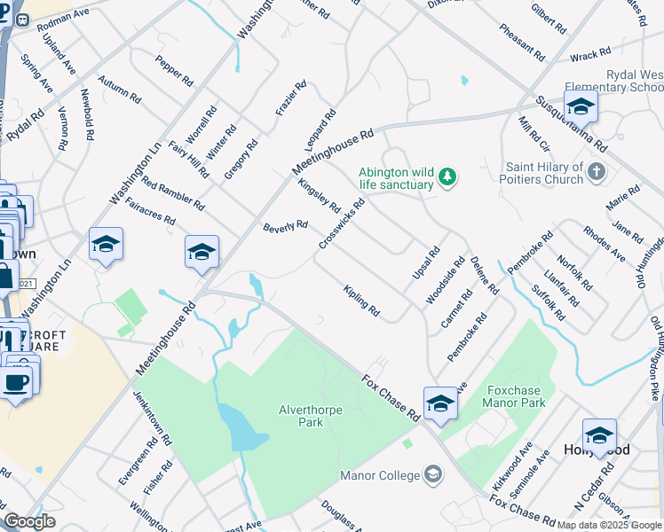 map of restaurants, bars, coffee shops, grocery stores, and more near 1083 Kipling Rd in Jenkintown