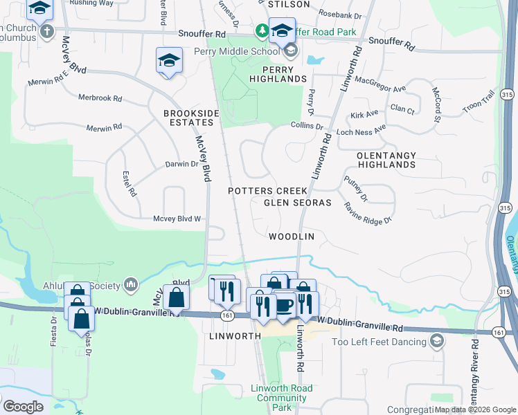 map of restaurants, bars, coffee shops, grocery stores, and more near 1316 Lakeside Court in Worthington