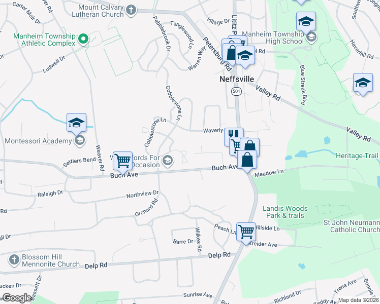 map of restaurants, bars, coffee shops, grocery stores, and more near 363 Cobblestone Lane in Lancaster