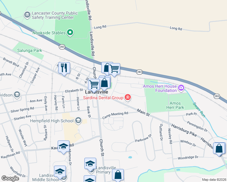 map of restaurants, bars, coffee shops, grocery stores, and more near Elmwood Avenue in Landisville