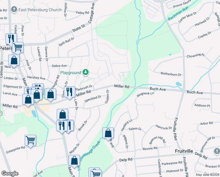 map of restaurants, bars, coffee shops, grocery stores, and more near 2562 Golden Drive in East Petersburg