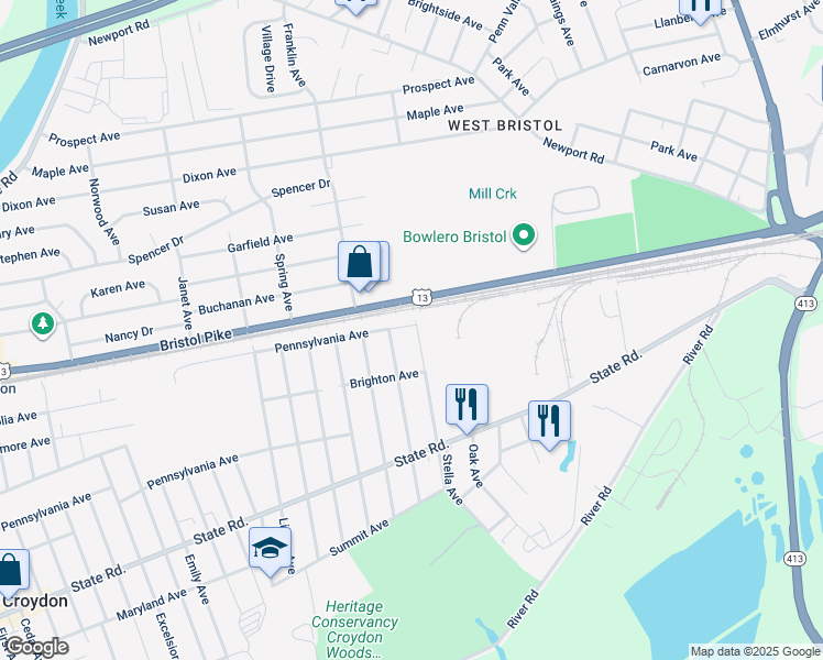 map of restaurants, bars, coffee shops, grocery stores, and more near 200 Elm Avenue in Croydon