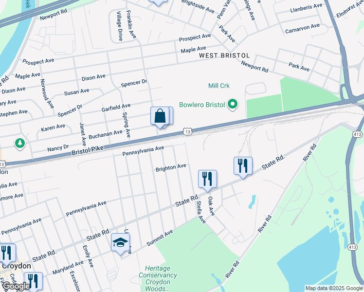 map of restaurants, bars, coffee shops, grocery stores, and more near 200 Elm Avenue in Croydon