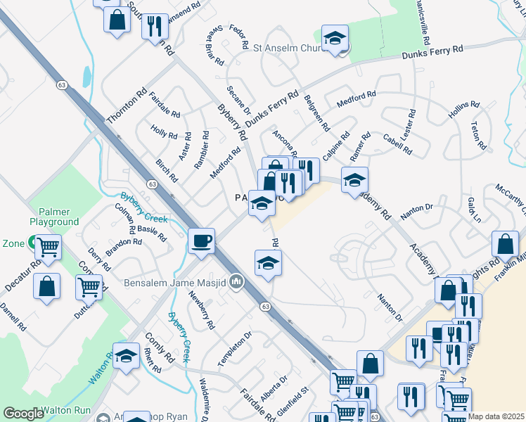 map of restaurants, bars, coffee shops, grocery stores, and more near 12135 Academy Road in Philadelphia