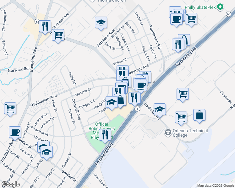 map of restaurants, bars, coffee shops, grocery stores, and more near 9940 Roosevelt Boulevard in Philadelphia