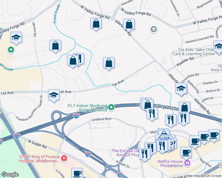 map of restaurants, bars, coffee shops, grocery stores, and more near 400 American Avenue in King of Prussia