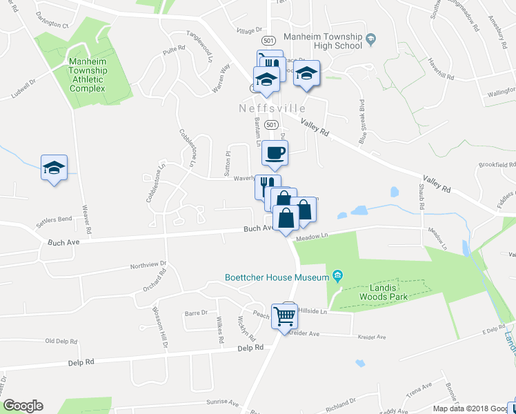 map of restaurants, bars, coffee shops, grocery stores, and more near 40 Hampton Lane in Lancaster