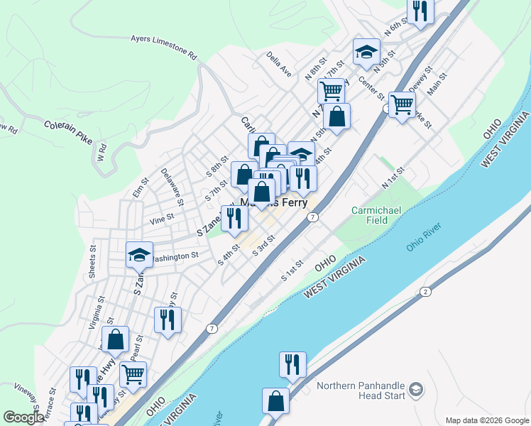 map of restaurants, bars, coffee shops, grocery stores, and more near 115 South 4th Street in Martins Ferry