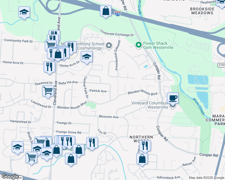 map of restaurants, bars, coffee shops, grocery stores, and more near 5955 Lisa Street in Columbus