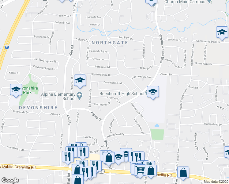 map of restaurants, bars, coffee shops, grocery stores, and more near 1798 Arbor Hill Drive in Columbus