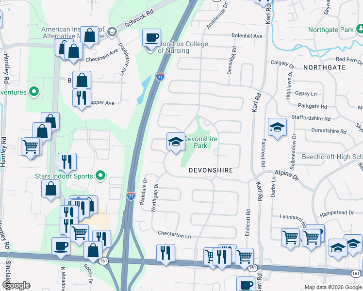 map of restaurants, bars, coffee shops, grocery stores, and more near 6286 Ambleside Drive in Columbus