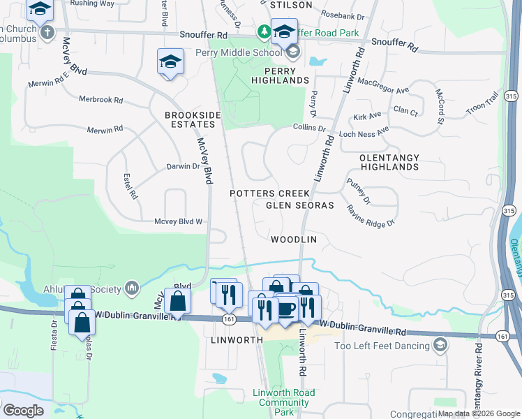 map of restaurants, bars, coffee shops, grocery stores, and more near 1316 Lakeside Court in Worthington