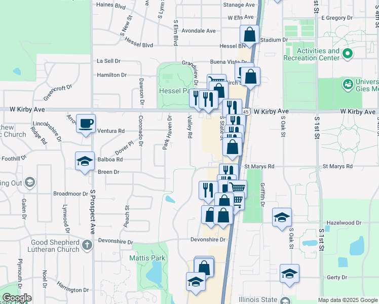 map of restaurants, bars, coffee shops, grocery stores, and more near 1807 Valley Road in Champaign