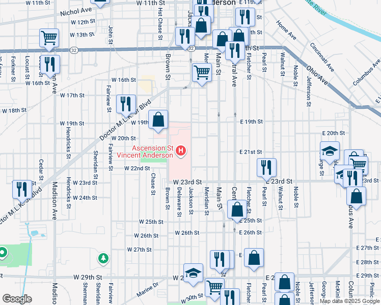 map of restaurants, bars, coffee shops, grocery stores, and more near 2101 Jackson Street in Anderson
