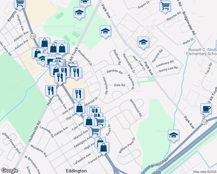 map of restaurants, bars, coffee shops, grocery stores, and more near 1556 Hampton Road in Bensalem