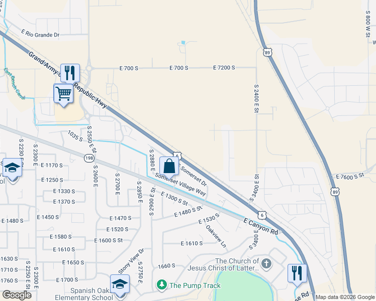 map of restaurants, bars, coffee shops, grocery stores, and more near 3056 East Canyon Road in Spanish Fork