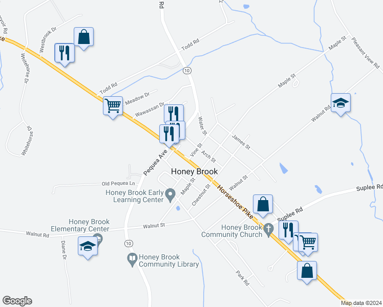 map of restaurants, bars, coffee shops, grocery stores, and more near 749 Vine Street in Honey Brook