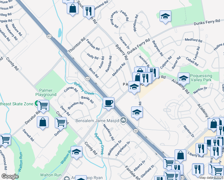 map of restaurants, bars, coffee shops, grocery stores, and more near 12121 Ranier Rd in Philadelphia