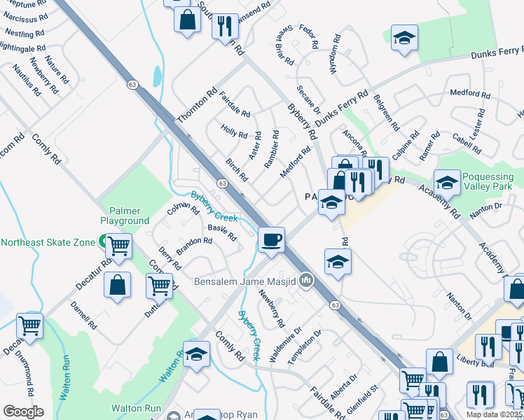 map of restaurants, bars, coffee shops, grocery stores, and more near 3309 Woodhaven Rd in Philadelphia
