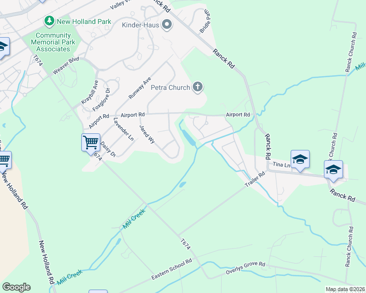 map of restaurants, bars, coffee shops, grocery stores, and more near 412 Jared Way in New Holland